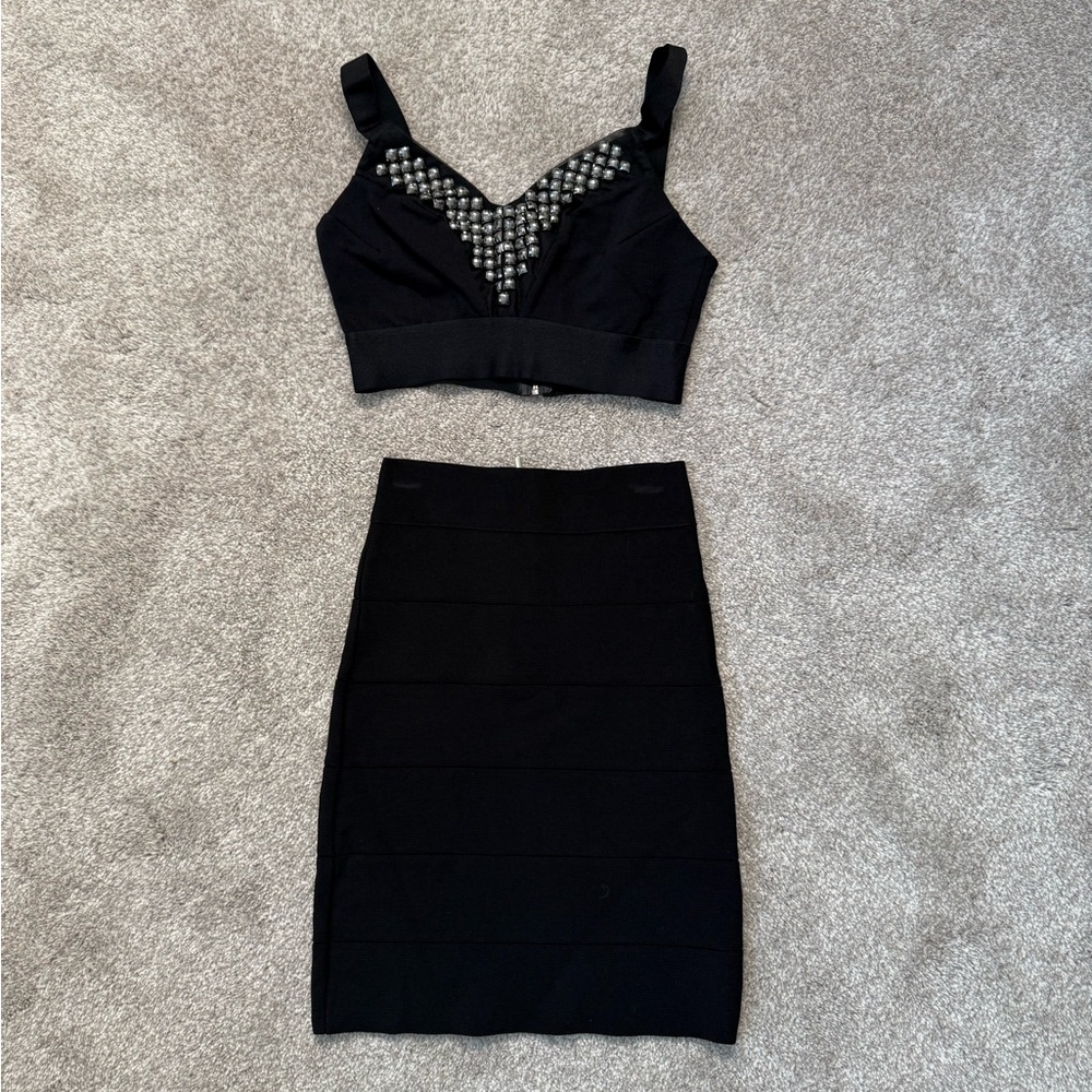 Bebe Sexy Y2k Club Black Bandage Embellished Crop Top Mini Skirt Set XS